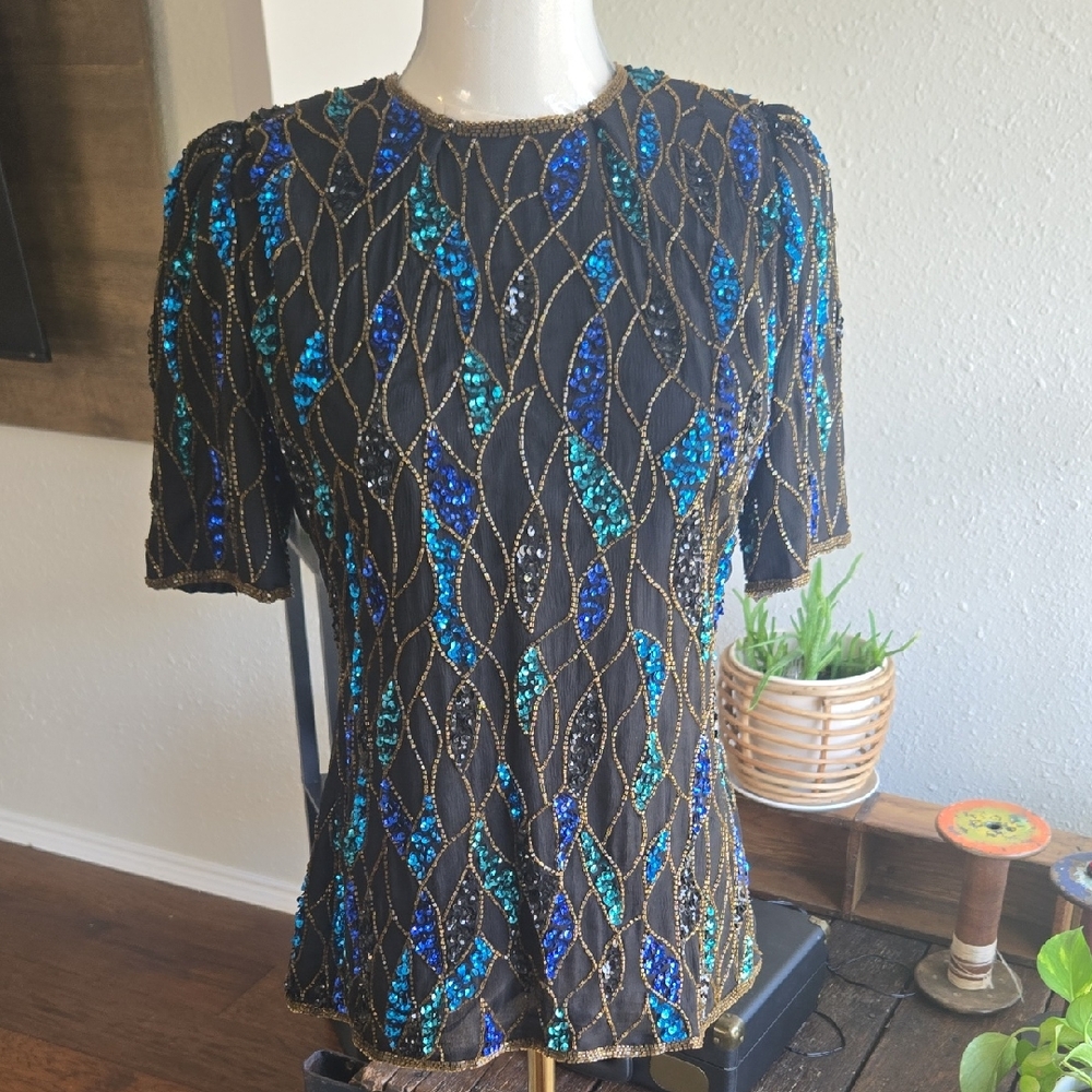 Vintage Elegant Sequin Embellished Black Top
